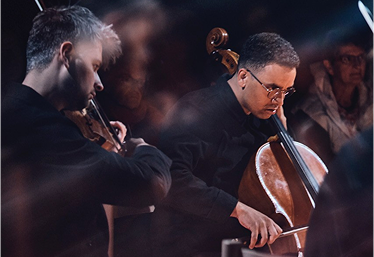 Eine Person, die Bass spielt.